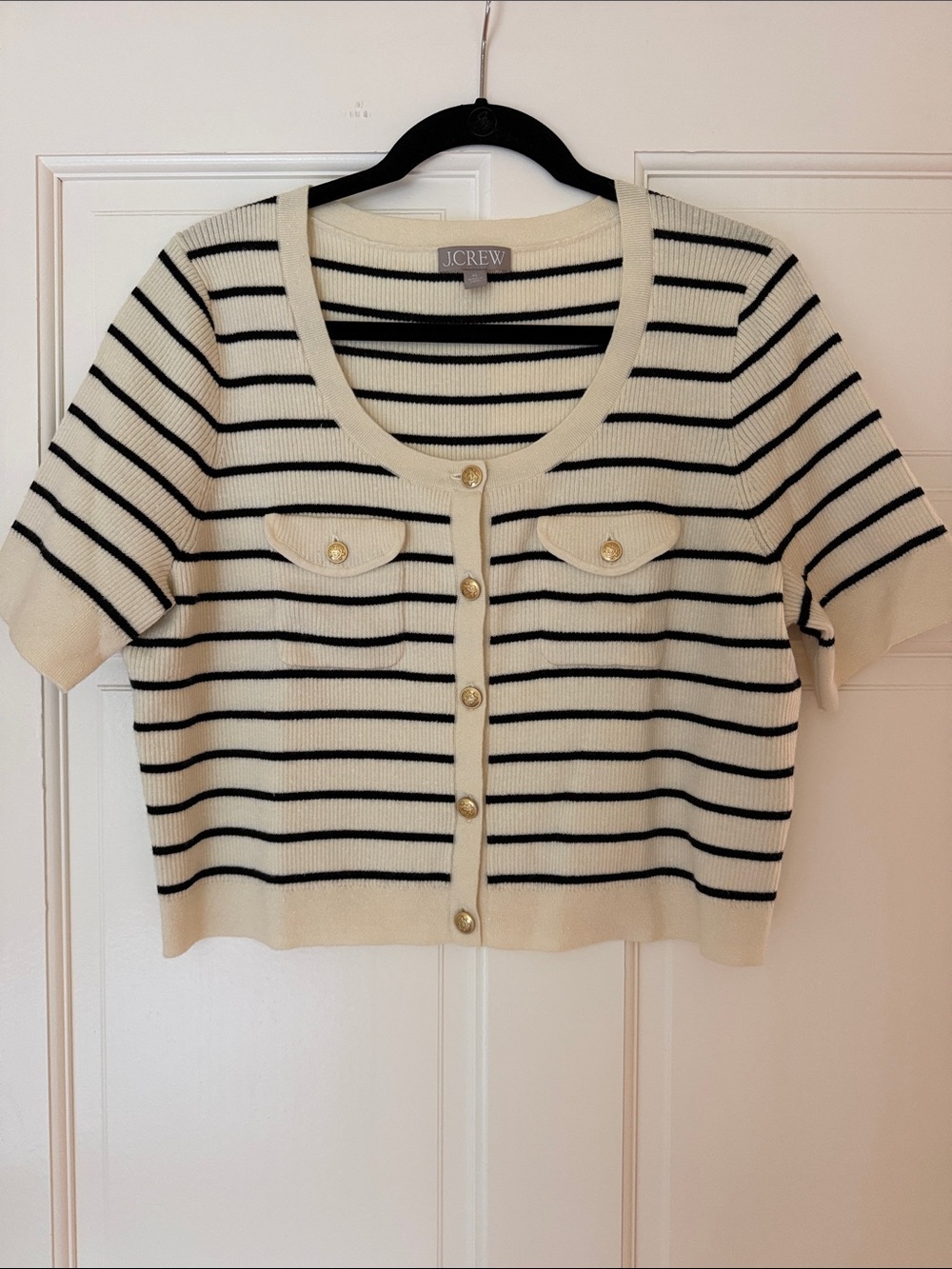 J. Crew Cream and Black Striped Short-Sleeve Cardigan